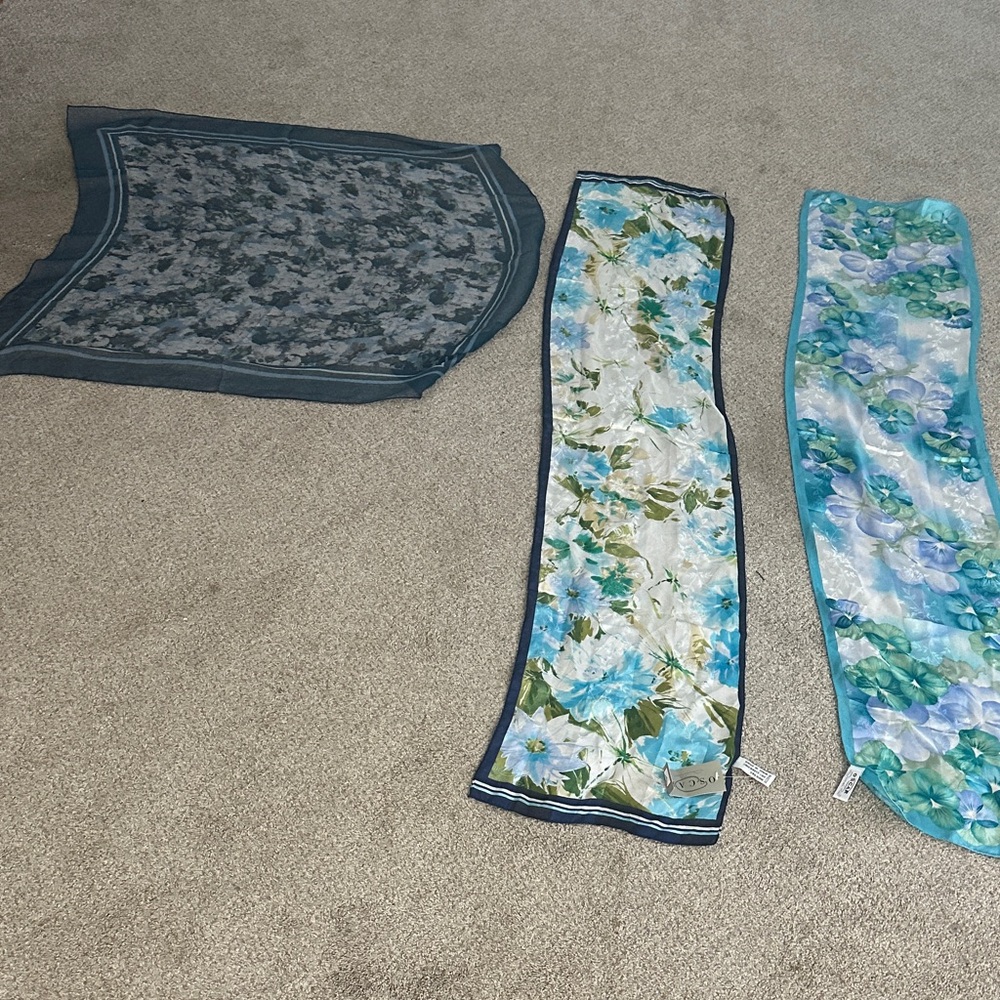 Vintage Oscar by Oscar de la Renta Floral Blue and Green  Silk Scarves